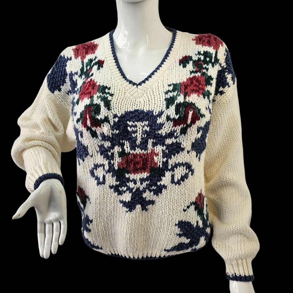 90s Nuggets Floral Embroidered Knit Sweater Womens Sz L Cottagecore V Neck